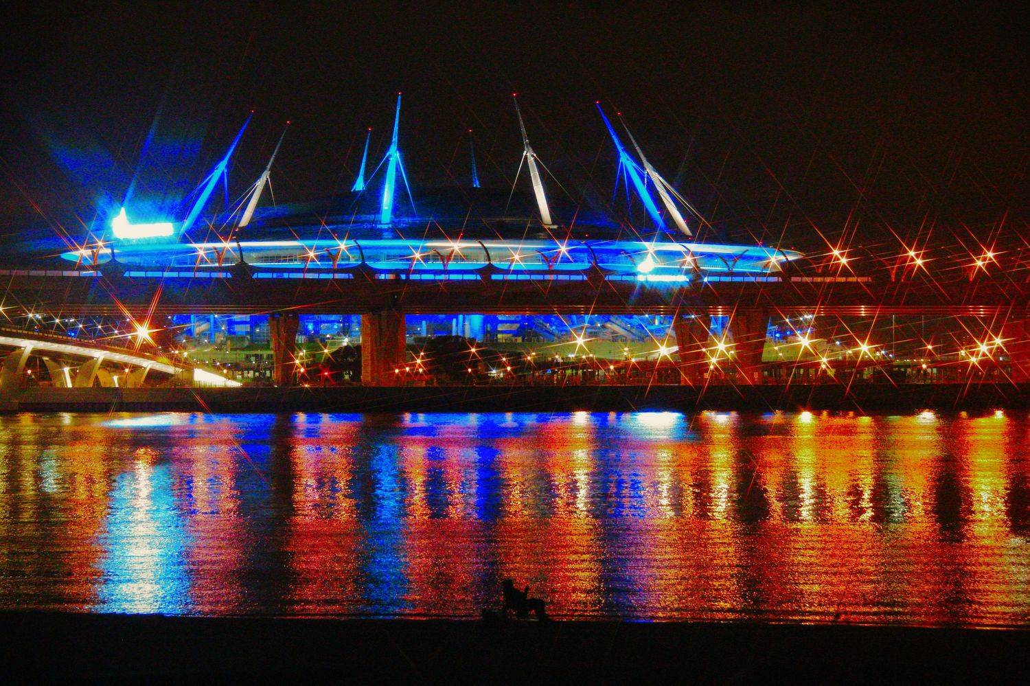 санкт-петербург, финский залив, стадион, ночь, огни, город, вода, Ксения Орлова