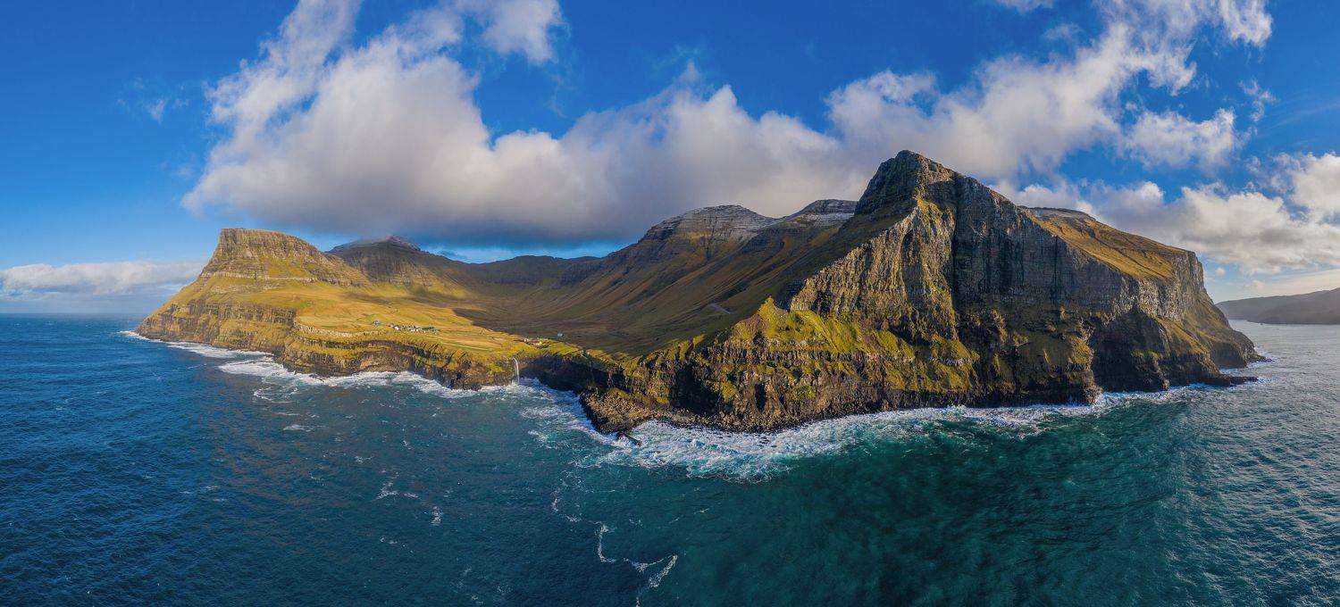 faroe islands, water, denmark, danmark, vagar, autumn, pano, panoramic, waterfall, mountains, island, ocean, atlantic, aerial, drone, Вовк Сергей
