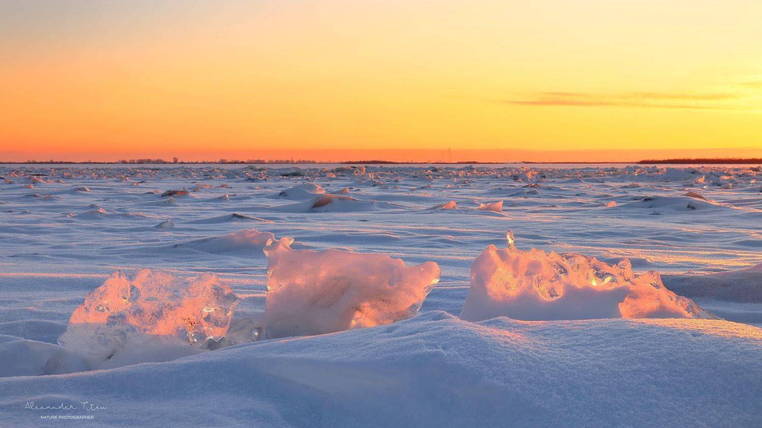 река, природа, лед, закат, вечер, север, Титов Александр