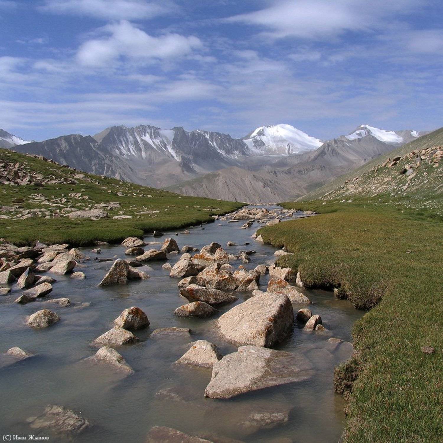 горы, памир, река, ледник, вершины, облака, Иван Жданов