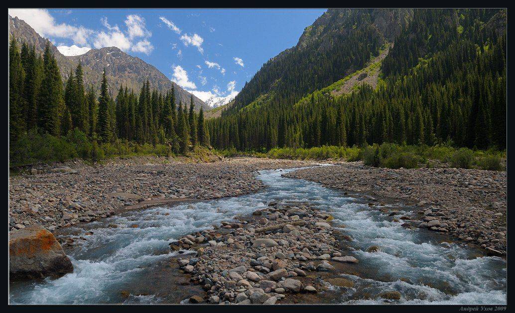 природа,горы,лето,ущелье,лес,скалы,деревья,трава,облака,река,елки,тень,вечер,ледники, Андрей Ухов