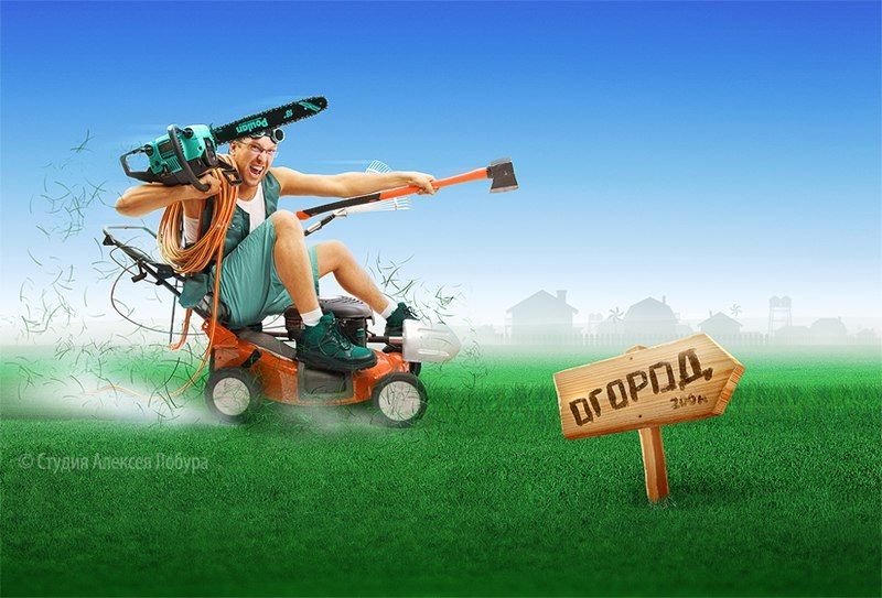 мужчина, мужик, газонокосилка, огород, деревня, лето, лобур, ретушь, монтаж Иллюстрация для магазина техники фото превью