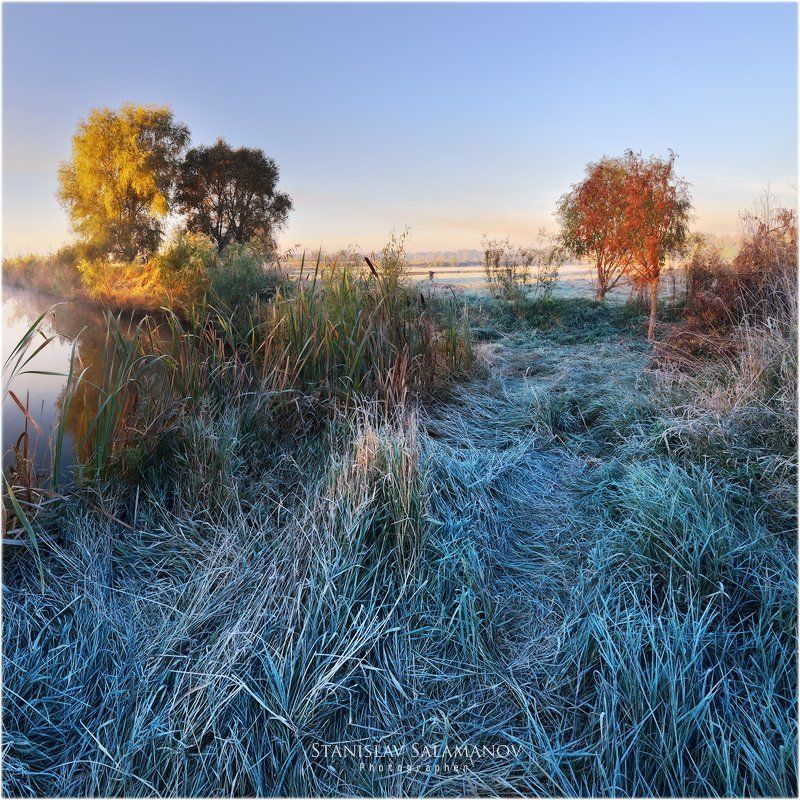 утро, заморозок, иней, пруд, осень Осенние заморозки у пруда фото превью