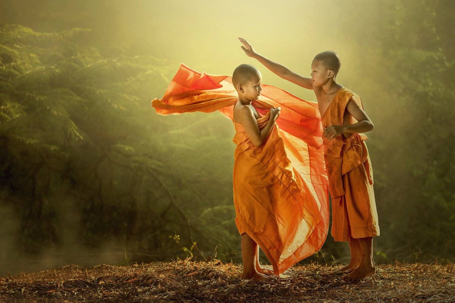 2015, Asia, Buddhism, Color Image, Getting Dressed, Holding, Horizontal, Leisure Activity, Monk - Religious Occupation, Nepal, Novice Buddhist Monk, Orange Color, Outdoors, People, Photography, Shaved Head, Summer, Thai Culture, Thailand, Tropical Climate, Jakkree Thampitakkull