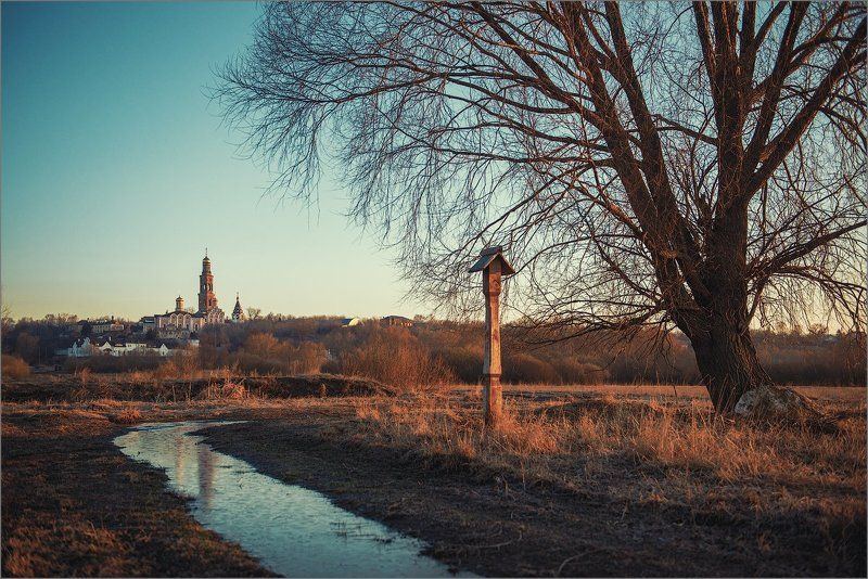 россия, рязанская область, пощупово, весна, пейзаж, природа, поле, дерево,  монастырь  фото превью