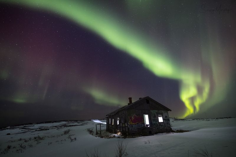 northern lights, aurora, night, house, teriberka Lonely house in Teriberka. фото превью