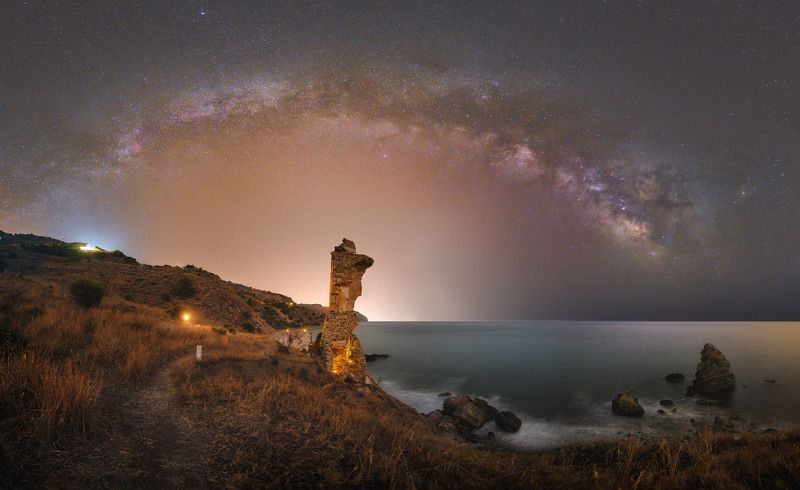 milkyway stars night the ancient tower фото превью