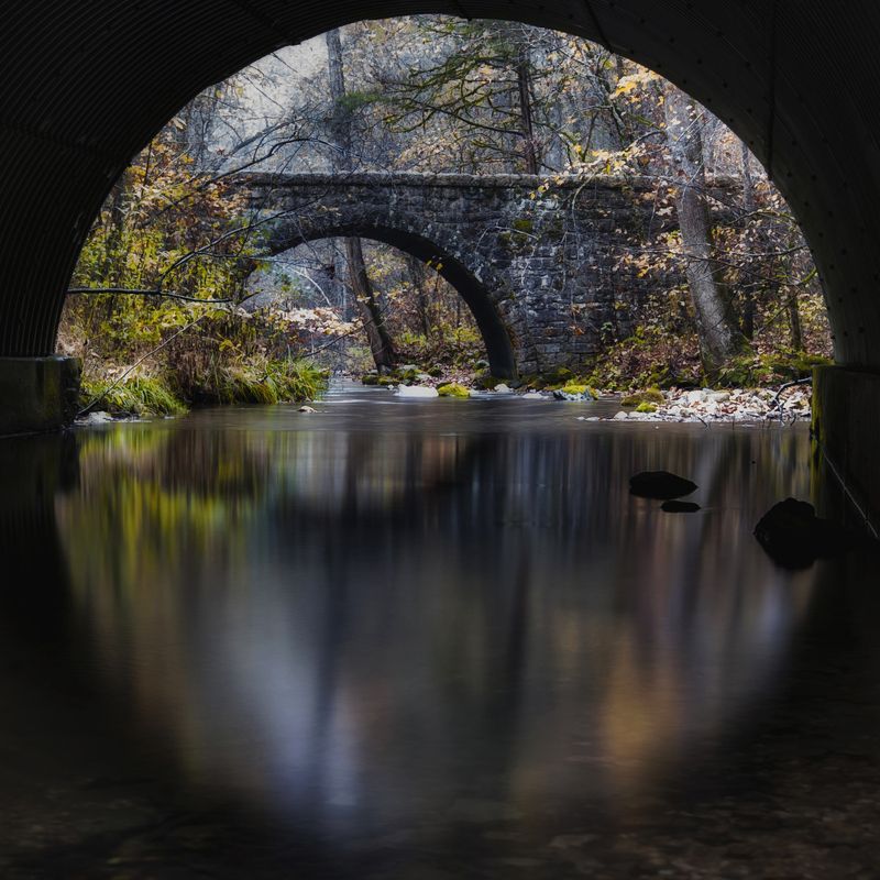 water, bridge, circle, fall, reflection Two Bridges фото превью