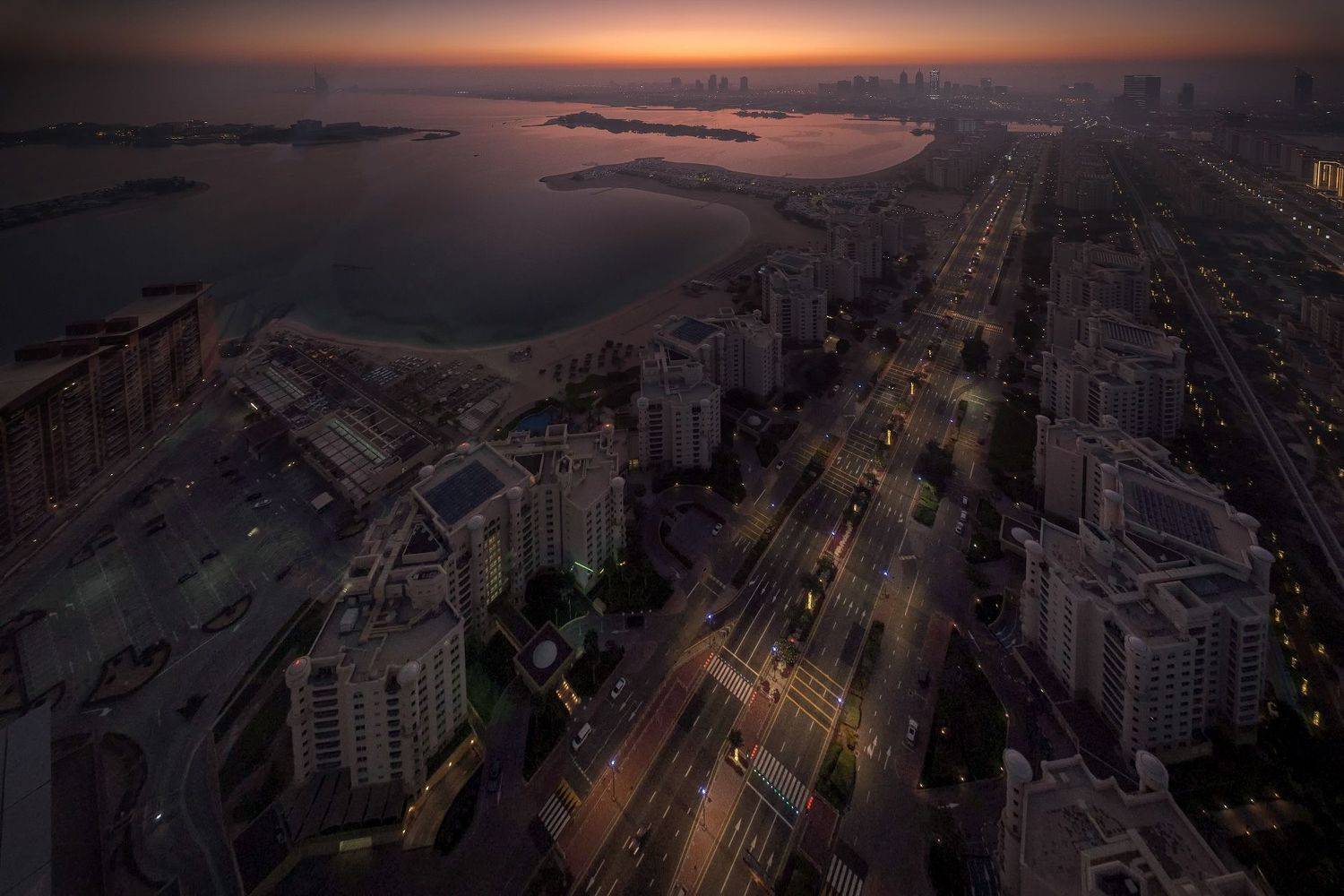 dubai, sunrise, sun, down, theviewpalm, city, marina, palm, skyscrapers, buildings, night, illumination, lights, water, reflection, landscape, cityscape, scenery, travel, outdoors, uae, arabian, chizh, Чиж Андрей