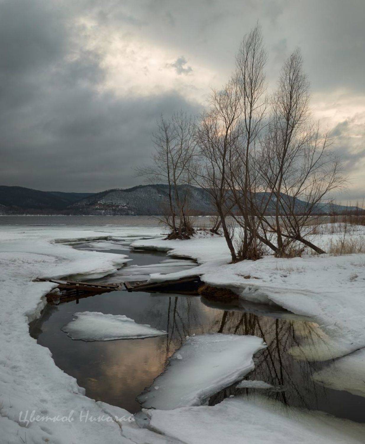 волга, март, закат, Николай Цветков