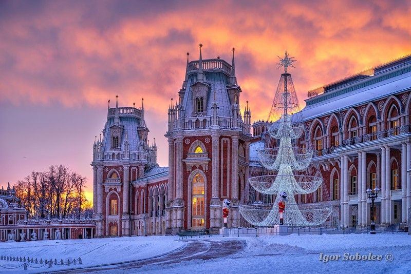 москва, царицыно, зима, утро Теплый рассвет зимним утром в Царицыно фото превью