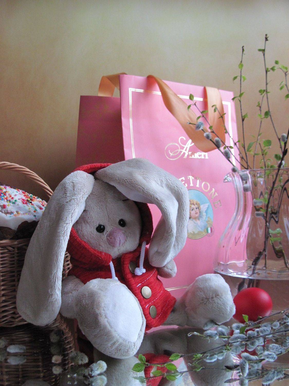 ветки, верба, береза, игрушка, заяц, кулич, яйцо, корзинка, пакет,, Наталия Тихомирова