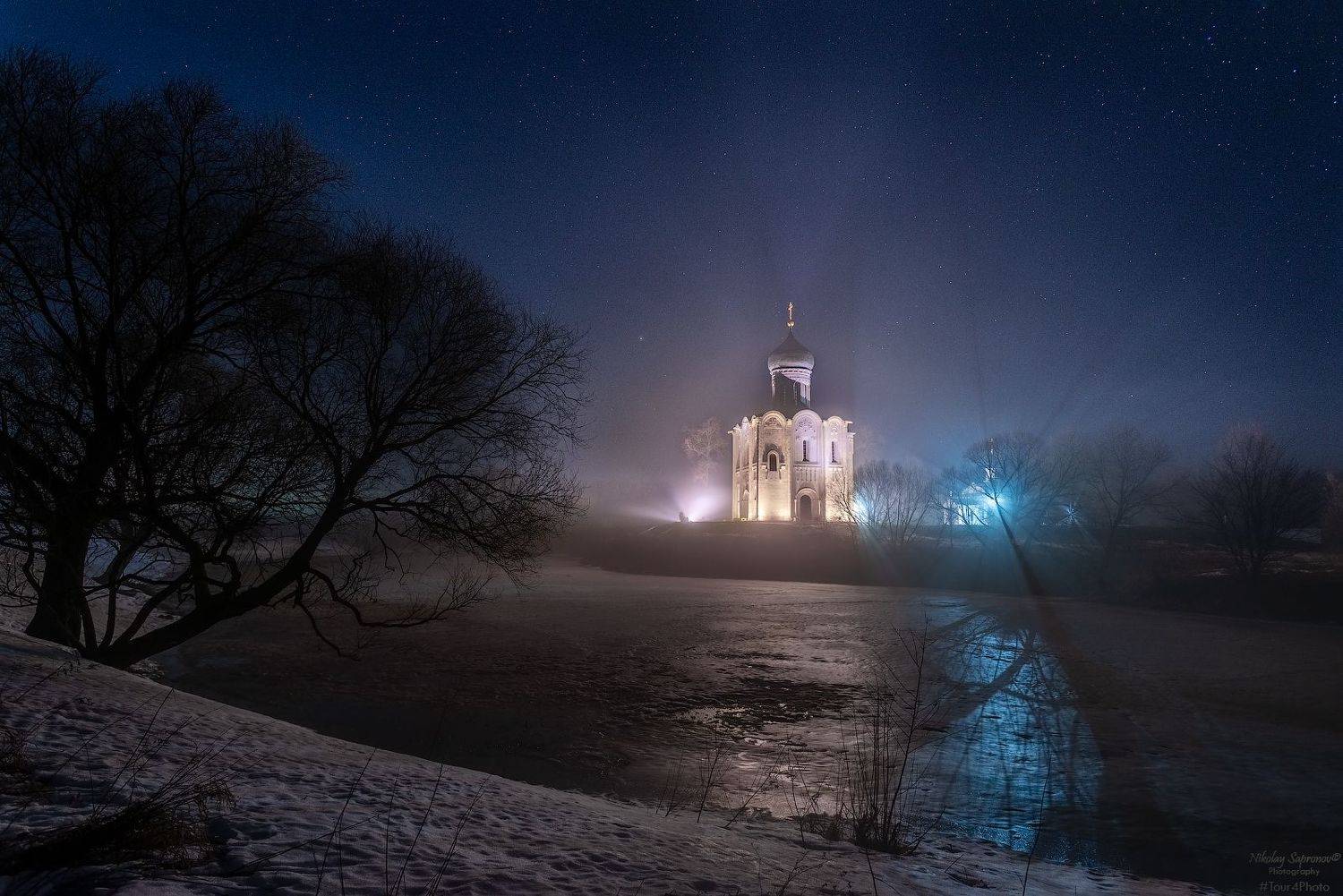 покрова-на-нерли, звезды, ночная съемка, золотое кольцо, март, перед разливами, ночное небо, нерль, боголюбово, Николай Сапронов