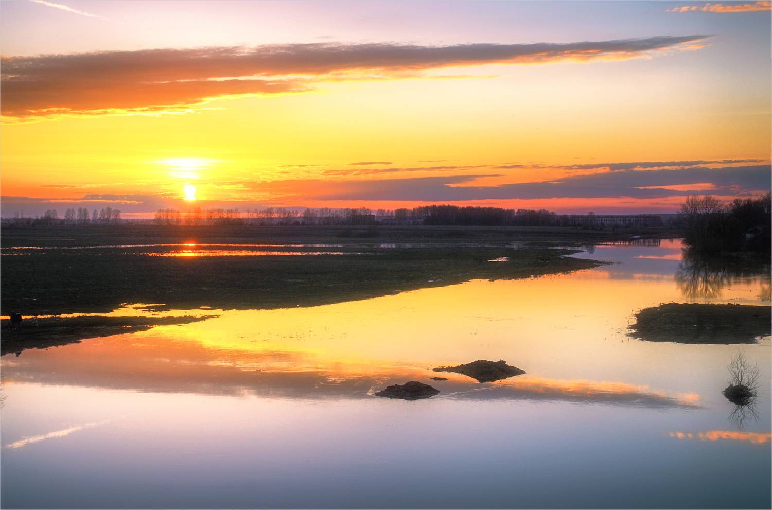 закат, облака, солнце, река, Вера Петри