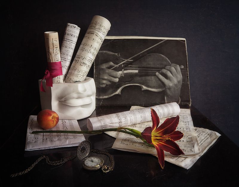 ноты, скрипка, цветок, флакон Музыка в голове фото превью