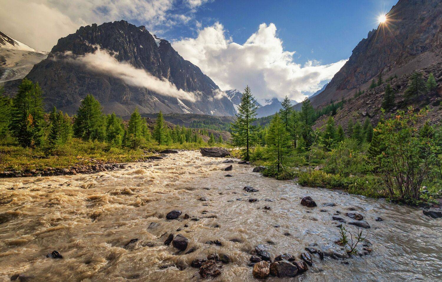 горный алтай,лето,вечер,река актру после дождя,гора караташ,солнце, Лора Павлова