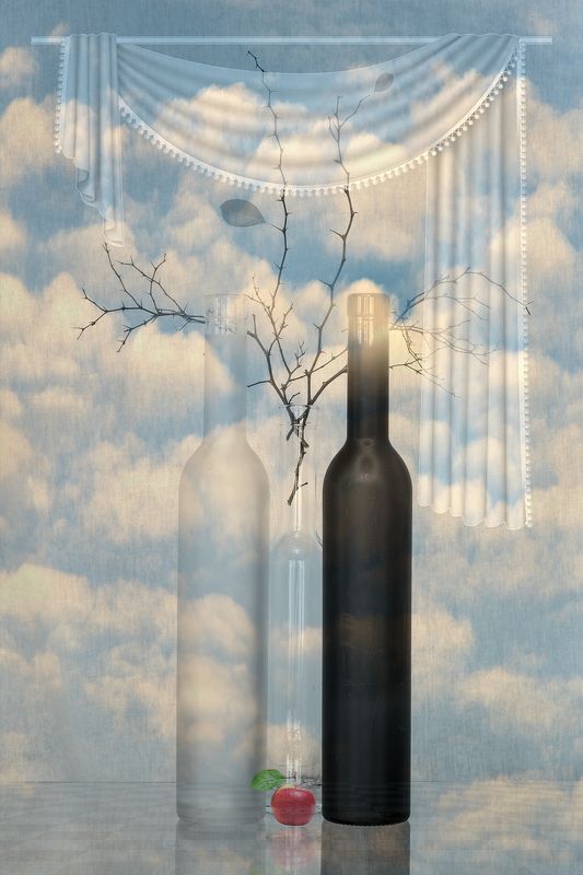 apple, blue, bottles, branches, cloud, clouds, collage, color, colors, concept, conceptual, curtain, digital, digital art, editing, photo collage, photography, still life, surreal, surrealism, world, Scene in the World of Imaginary фото превью
