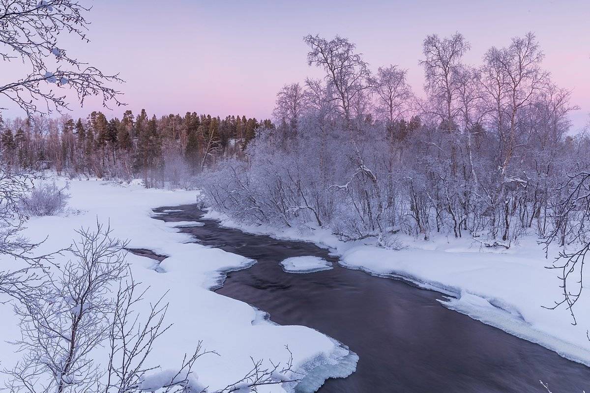 Шуонийоки, зима, сумерки, водопад, полынья, никель, печенгский район, мурманская область, кольский полуостров, Кирилл Уютнов