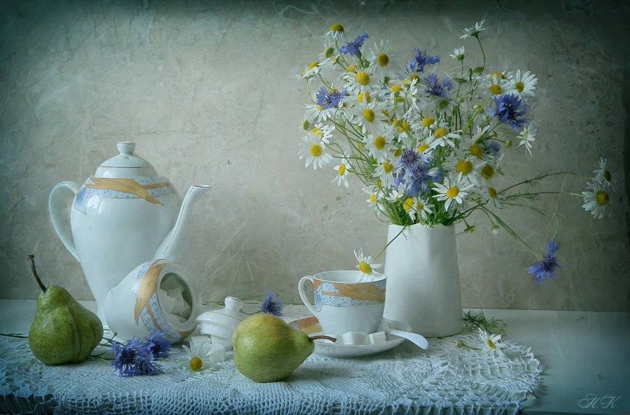 Васильки, Груша, Лето, Ромашки, Сахар, Чайник, Чашка, button