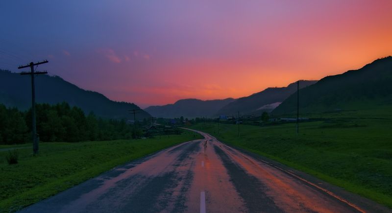Вечер, Горный алтай, Горы, Деревня, Дорога, Закат, Краски, Пейзаж, Сельский пейзаж \