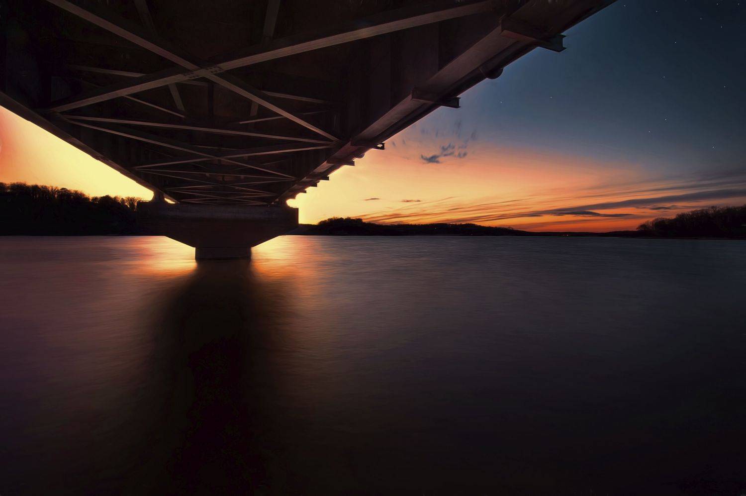 bridge, lake, water, sunset, orange, Sparks Joe