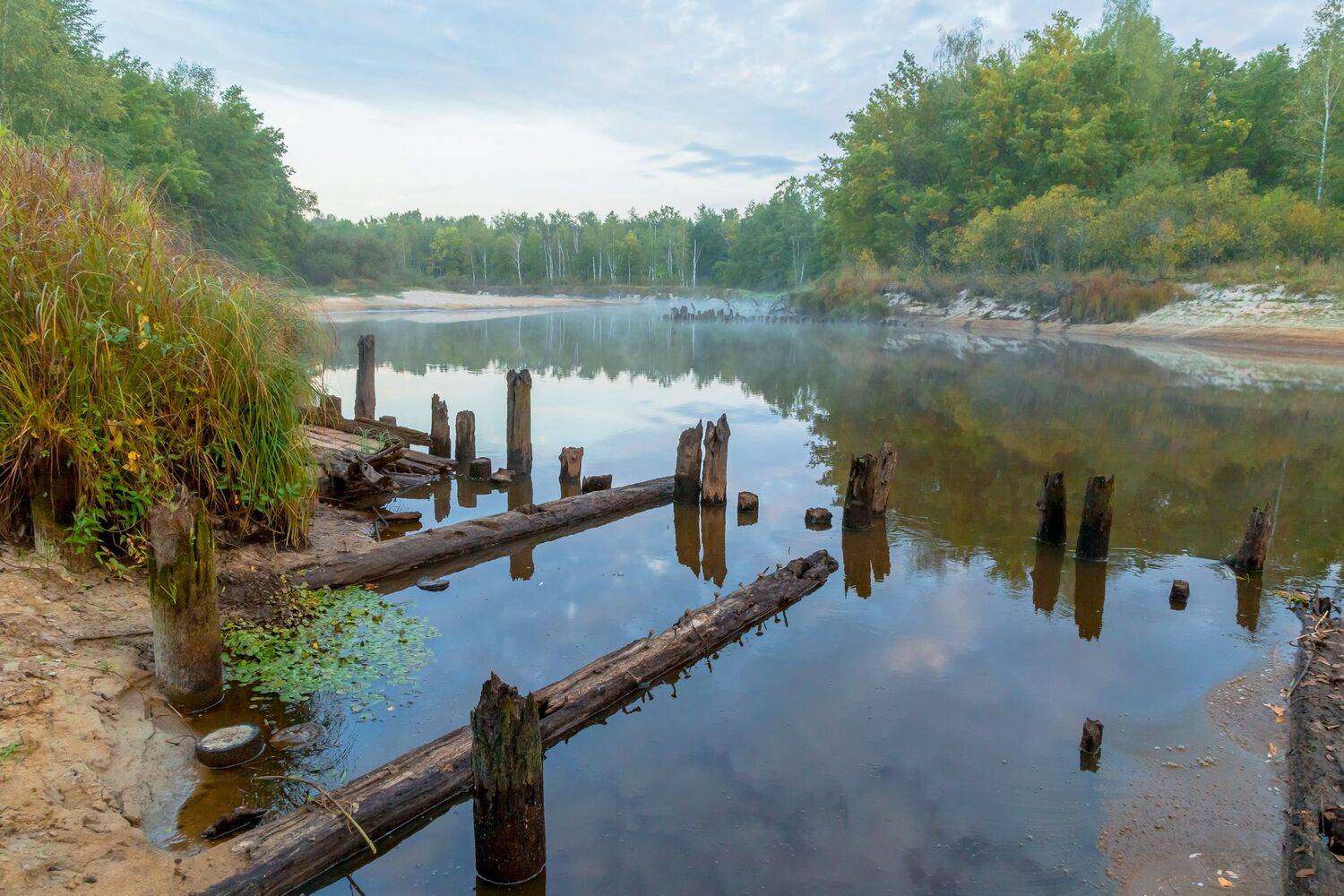 река, осень, сваи, туман, пейзаж, Юрий Морозов