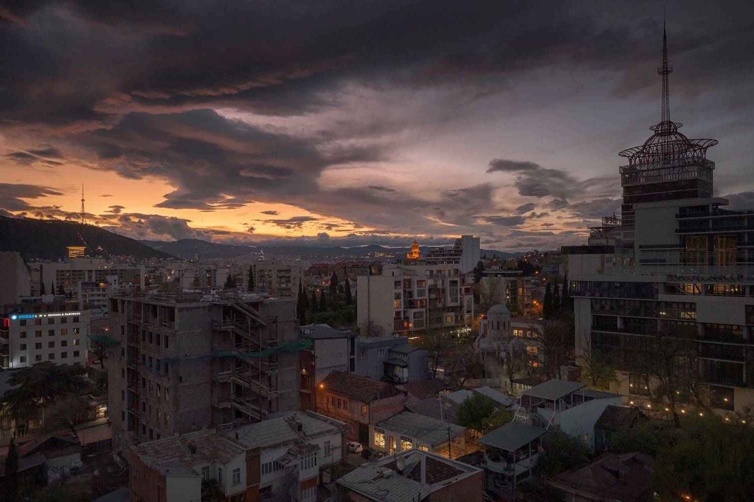 sunset, tbilisi, caucasus, buildings, night, illumination, lights, weather, mountains, landscape, cityscape, scenery, travel, outdoors, georgia, sakartvelo, chizh, Чиж Андрей