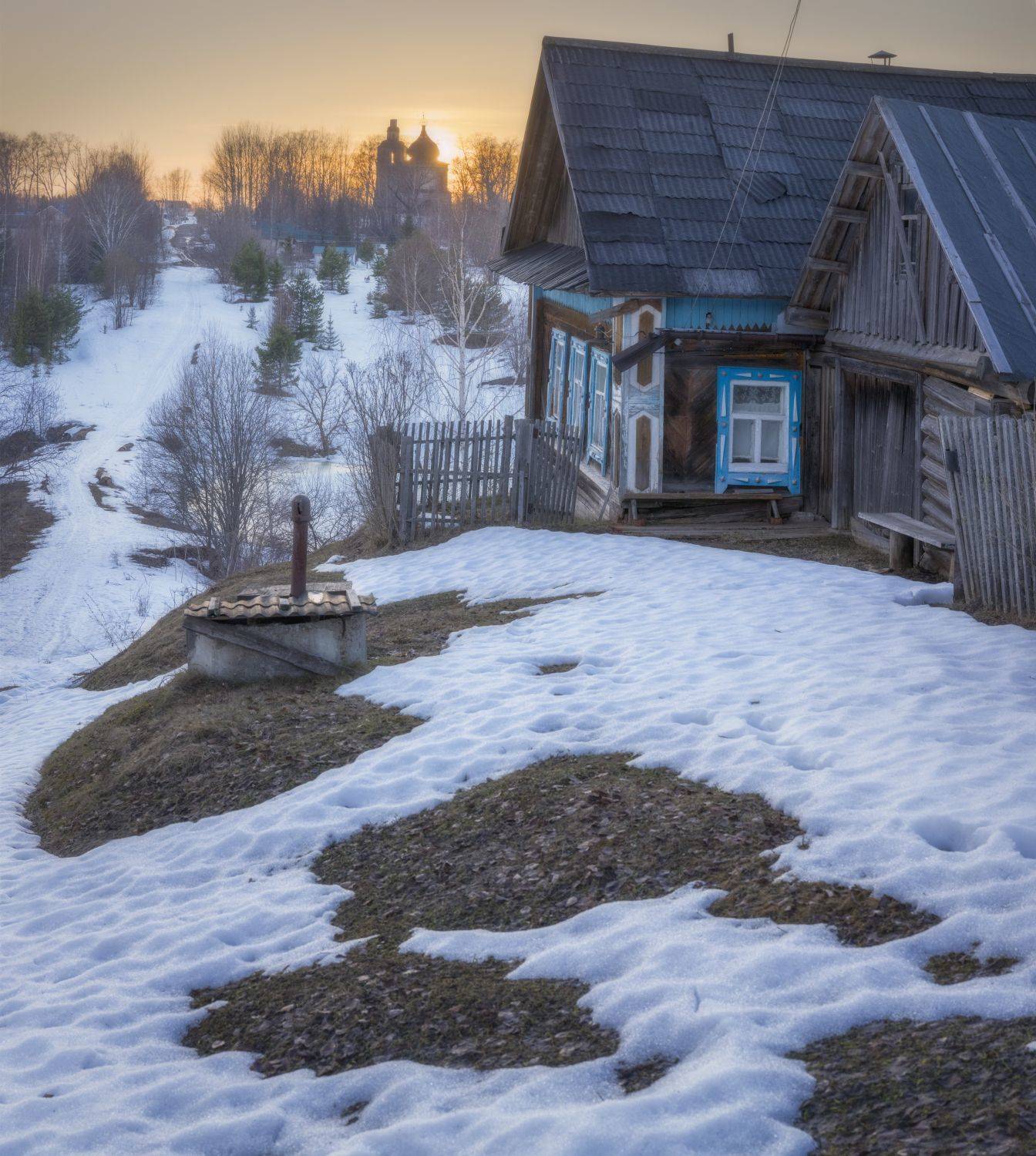 вечер закат село пруд дом церковь, Сергей Буторин