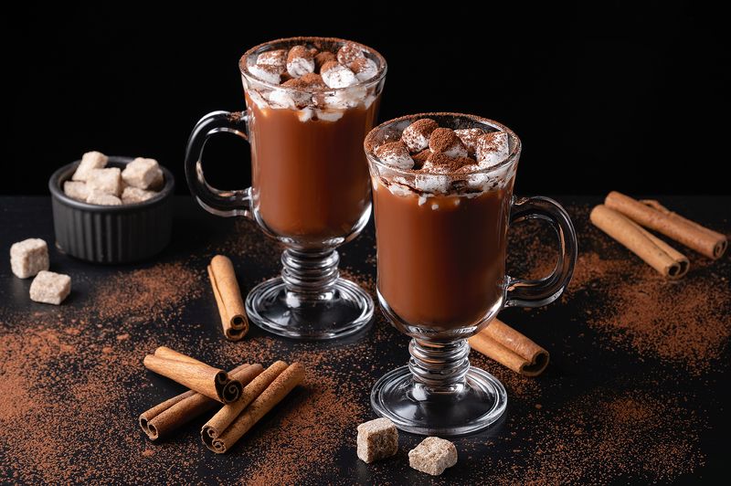cocoa, drink, mug, milk, chocolate, marshmallow, hot, sweet, warm, beverage, brown, dessert, cinnamon, breakfast, delicious, food, table, tasty, liquid, hot chocolate, cozy, no people, tradition, relaxation, old-fashioned, melting, mini, foam, treat, powd Two cups of hot chocolate, cocoa or warm drink with marshmallows on dark background. фото превью