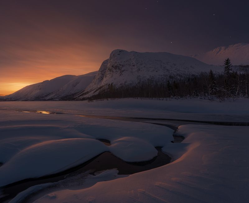север, кольский, лес, зима, хибины, река, большой вудъявр Вечер на озере Большой Вудъявр фото превью