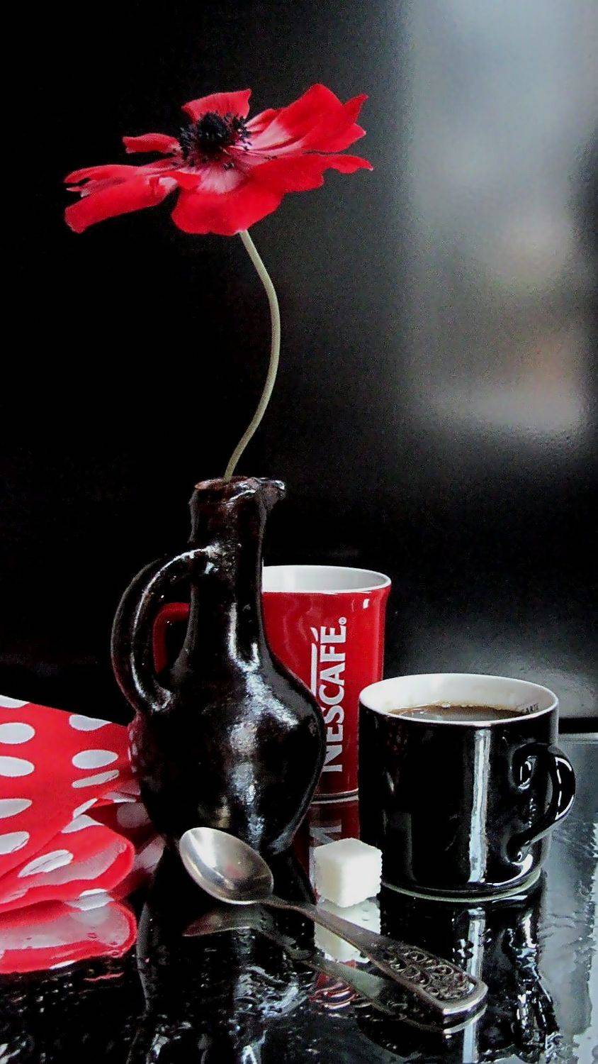 цветы, анемон, кувшин, кружки, ложка, салфетка, сахар , Наталия Тихомирова