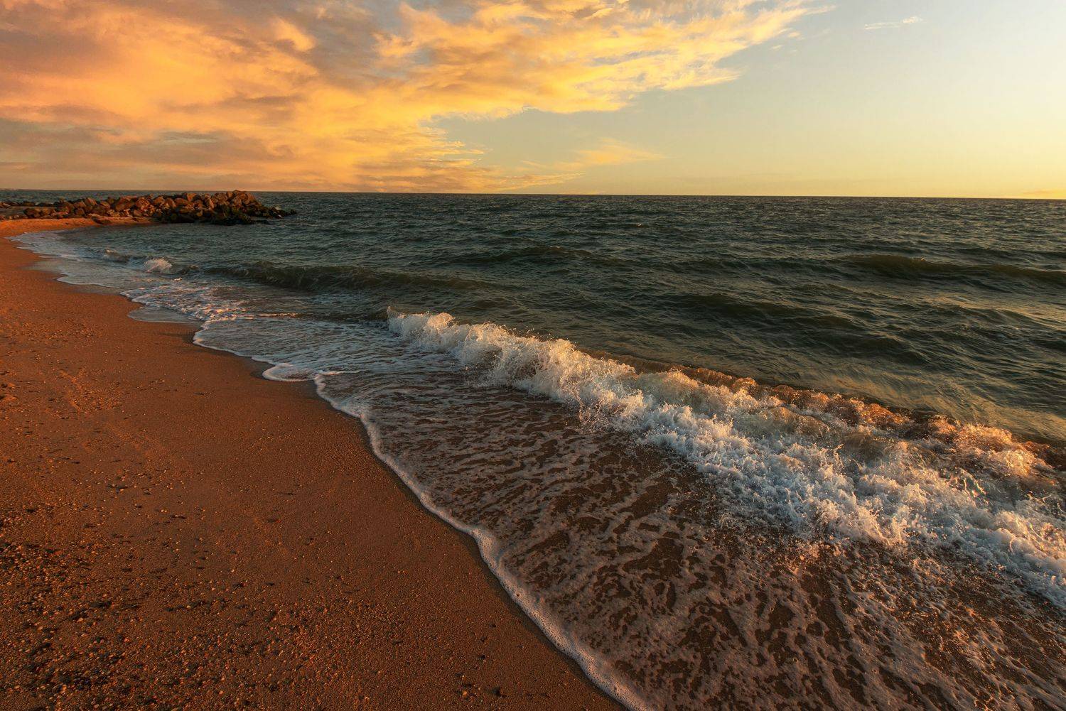 море, волны, вода, закат, песок, облака, небо, Дмитрий Величко