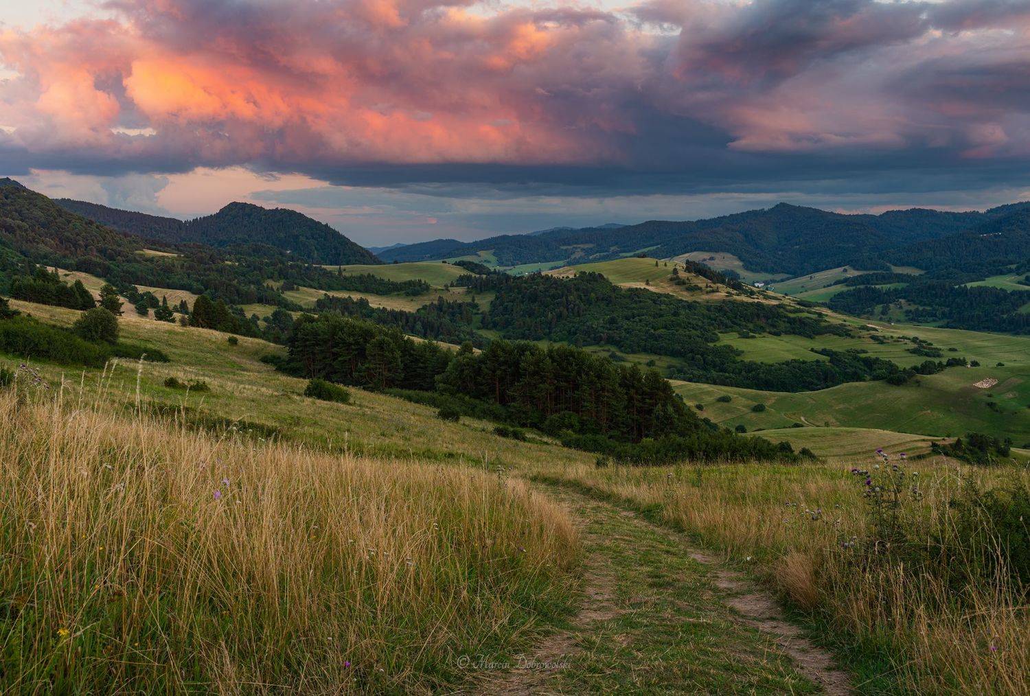 Pieniny, Slovakia, landscape, mountainscape, sunset, clouds, mountains, route, trail, trees, forest, grass, Nikon, Tamron, red, ,  Marcin Dobrowolski