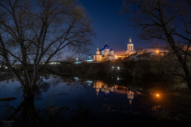 боголюбово, владимирская область, золотое кольцо, суздальский район, боголюбовский монастырь, боголюбовский женский монастырь, ночной пейзаж, отражение \
