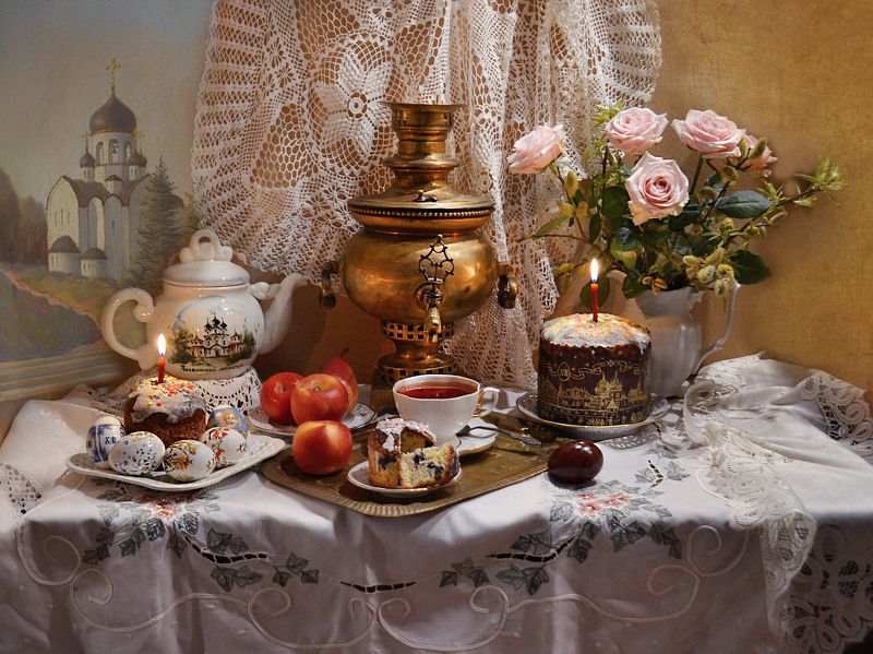 still life,натюрморт, апрель, пасха, куличи, самовар, свечи, розы, верба, праздник, красная горка, Красная горка... фото превью