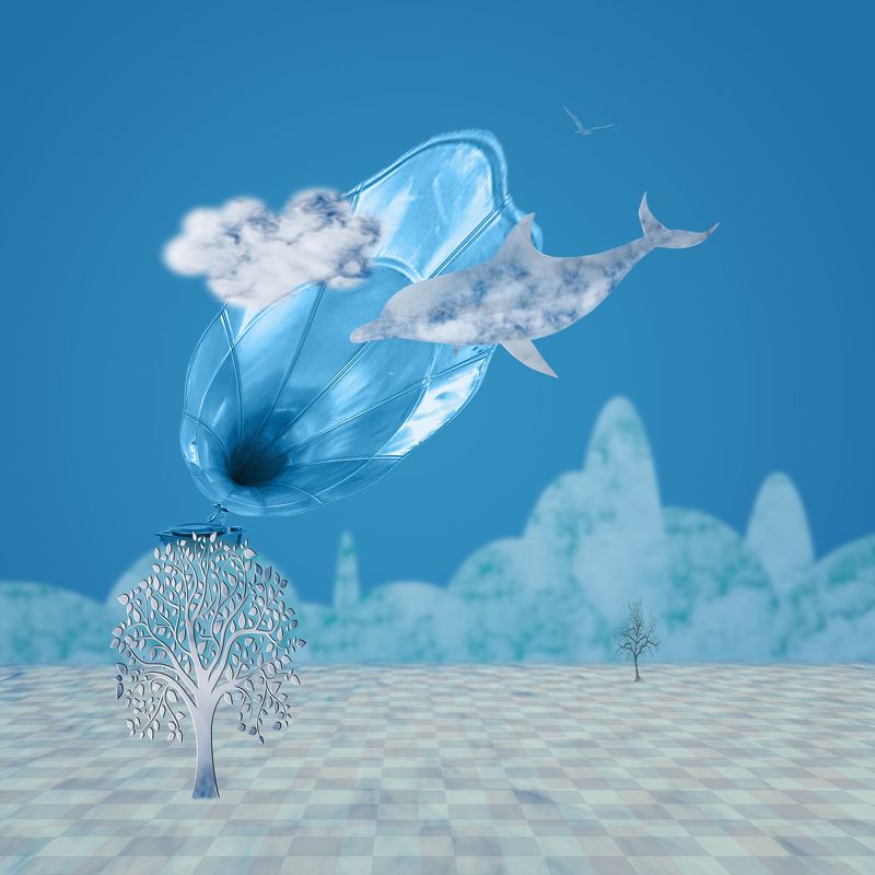 blue, collage, color, colors, concept, conceptual, digital, digital art, dolphin, editing, mind, photo collage, photography, surreal, surrealism, tree, world, Into the World of the Mind фото превью