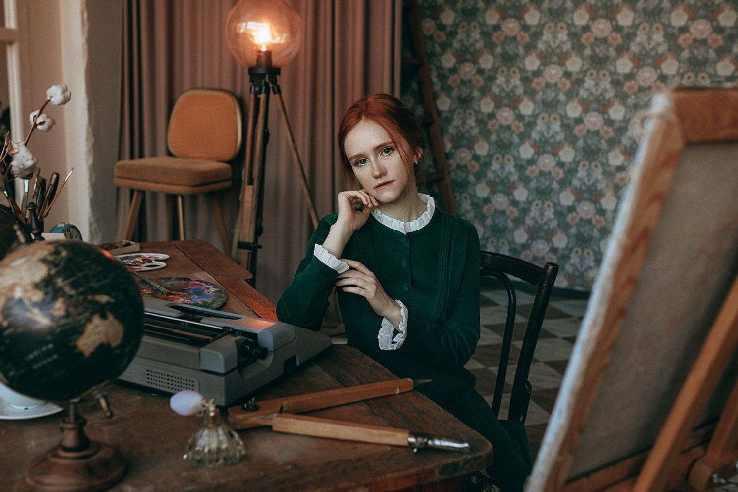 женский портрет, рыжая девушка, девушка, фотостудия, художница, ретро, студийное, постановочное, Сигат Екатерина