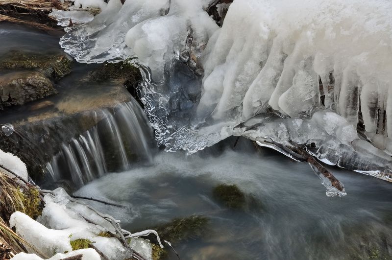 россия, сибирь, кузбасс, весна, ручьи, вода, лед, снег, оттепель, поток, камни Ледяной ручей фото превью