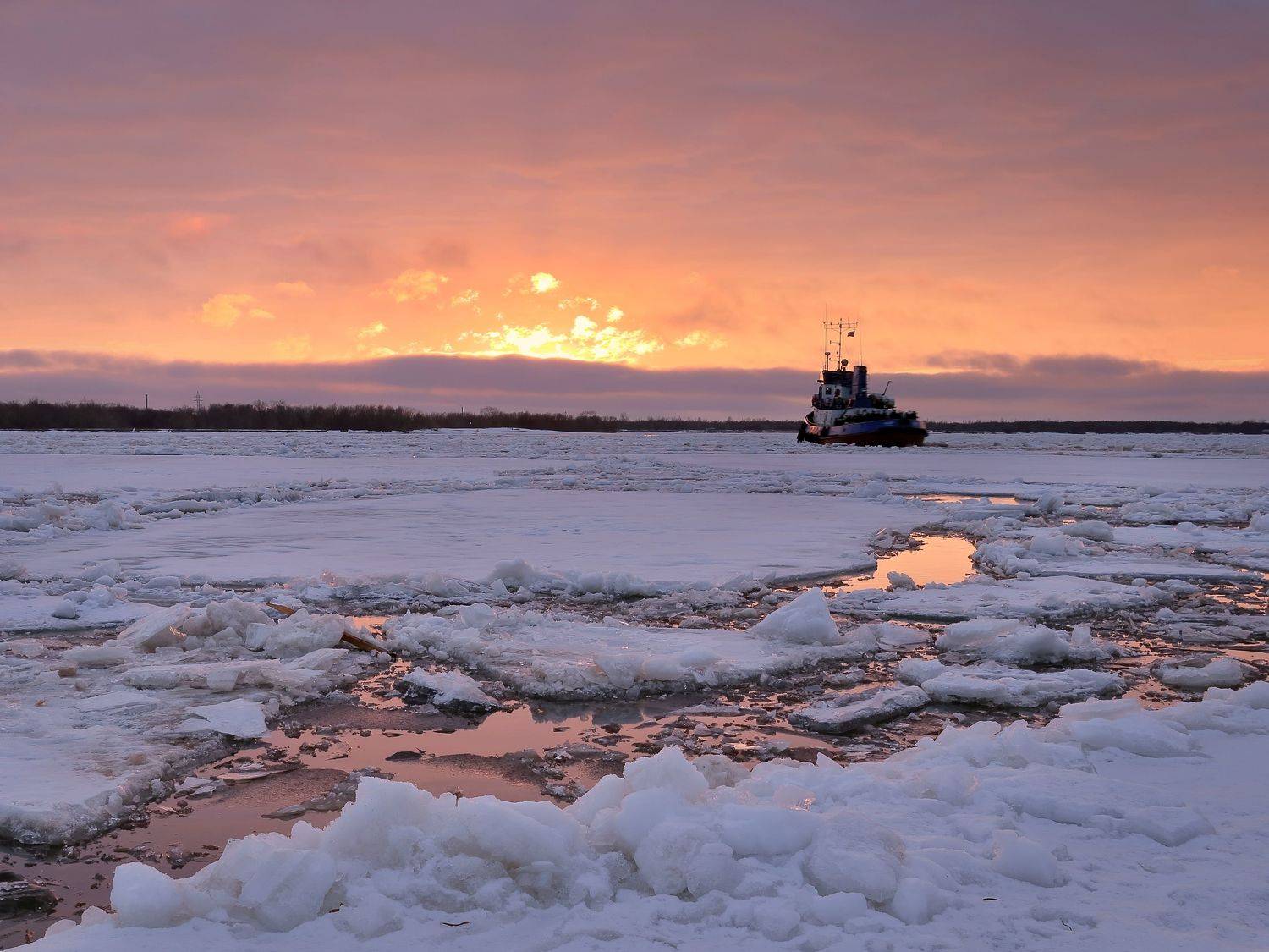 весна, навигация, ледоход, север, архангельск, река, закат, Титов Александр