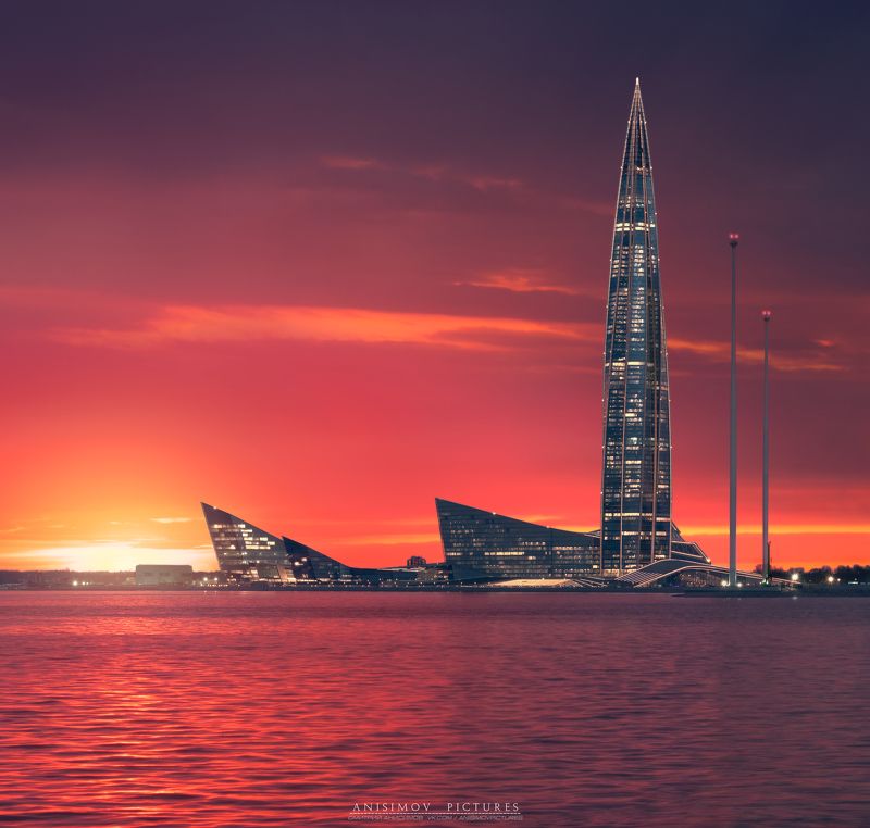 архитектура, санкт-петербург, nikon, закат  Вид на Лахта Центр с набережной Крестовского острова. фото превью