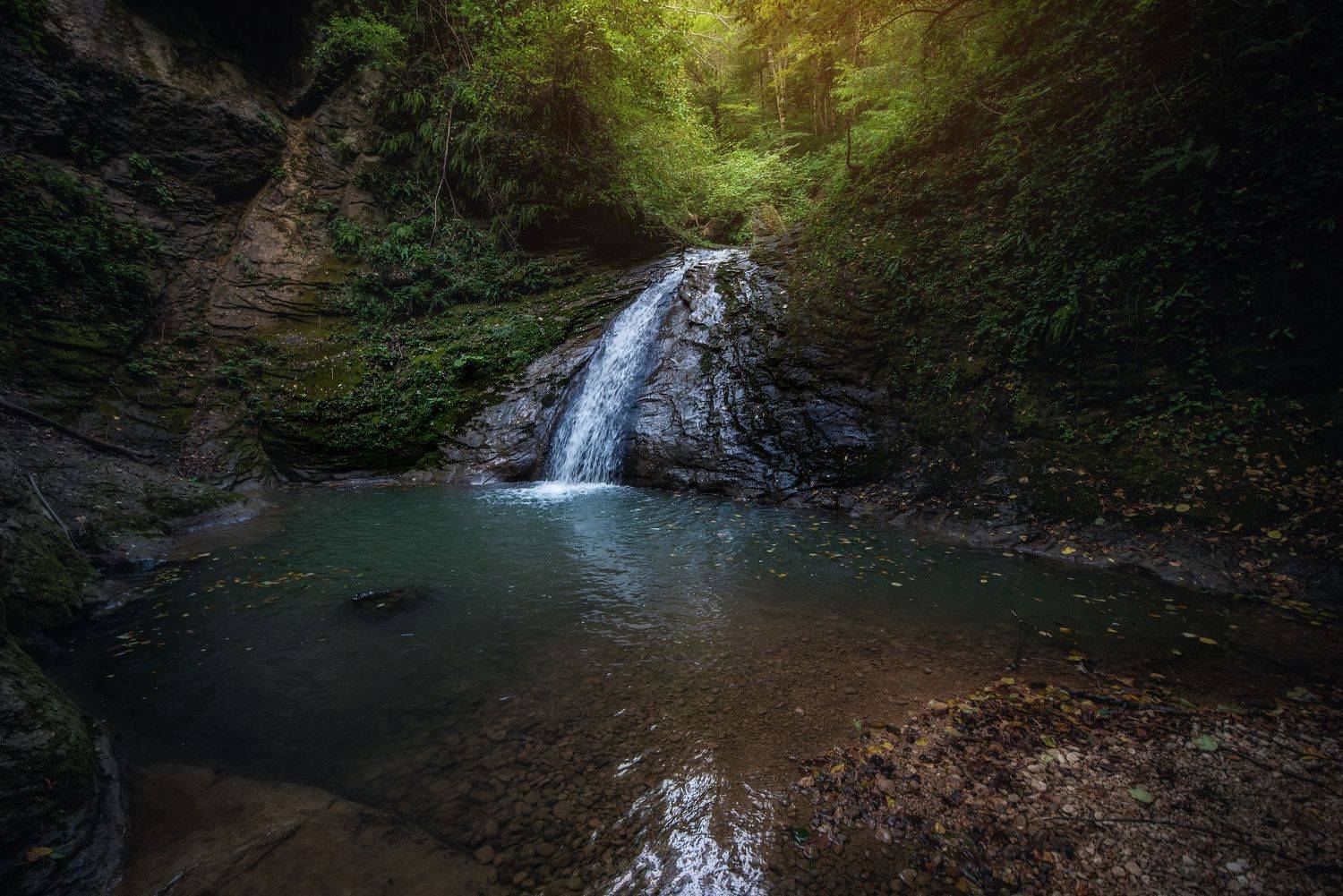 водопад, река, заводь, лес, листья, осень, вода, Дмитрий Величко
