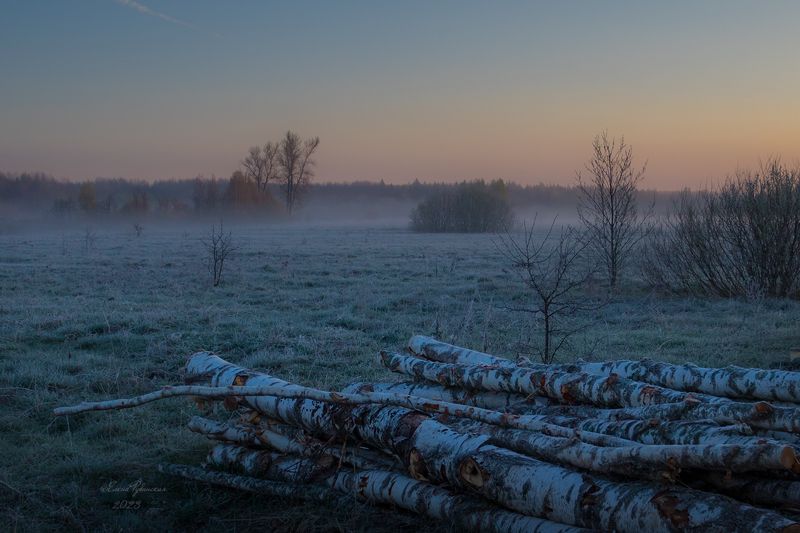 кострома, костромская область, утро, весна, иней, туман, поле Морозный  апрельский рассвет фото превью
