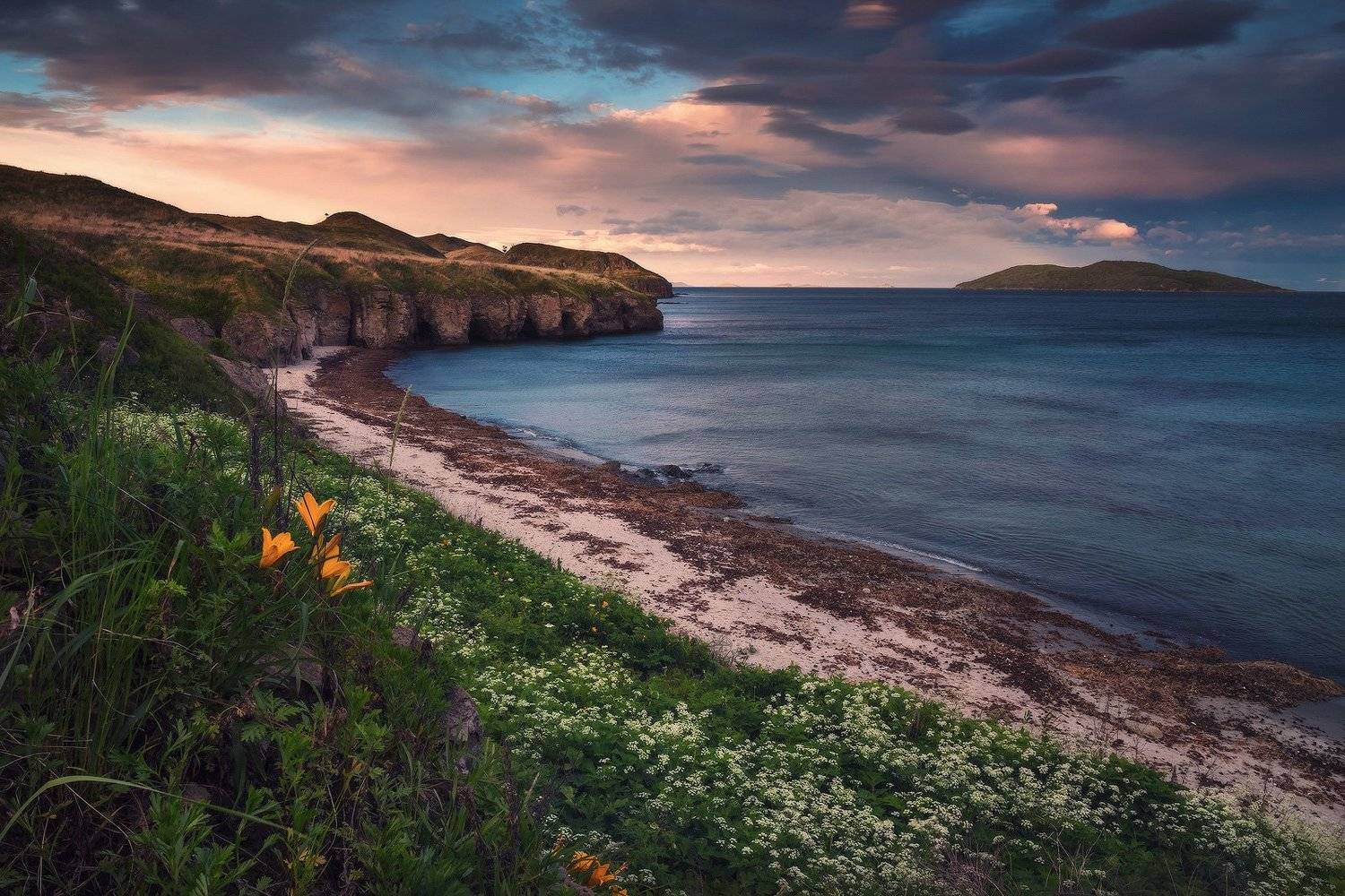 Вечер, Море, Пляж, Скалы, Цветы, Андрей Кровлин