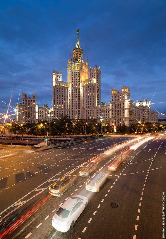 вечер, высотка, город, дорога, закат, котельническая, москва, набережная, подсветка, трассер  фото превью