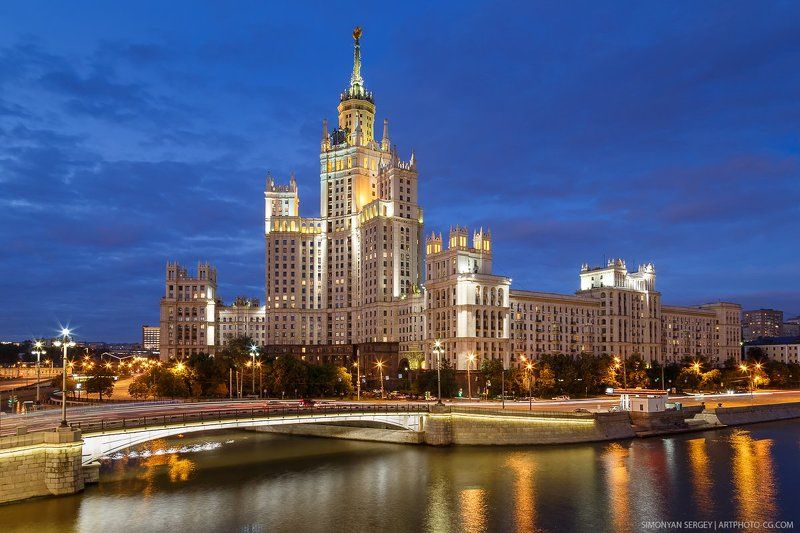 вечер, высотка, город, котельническая, москва, набережная, подсветка  фото превью