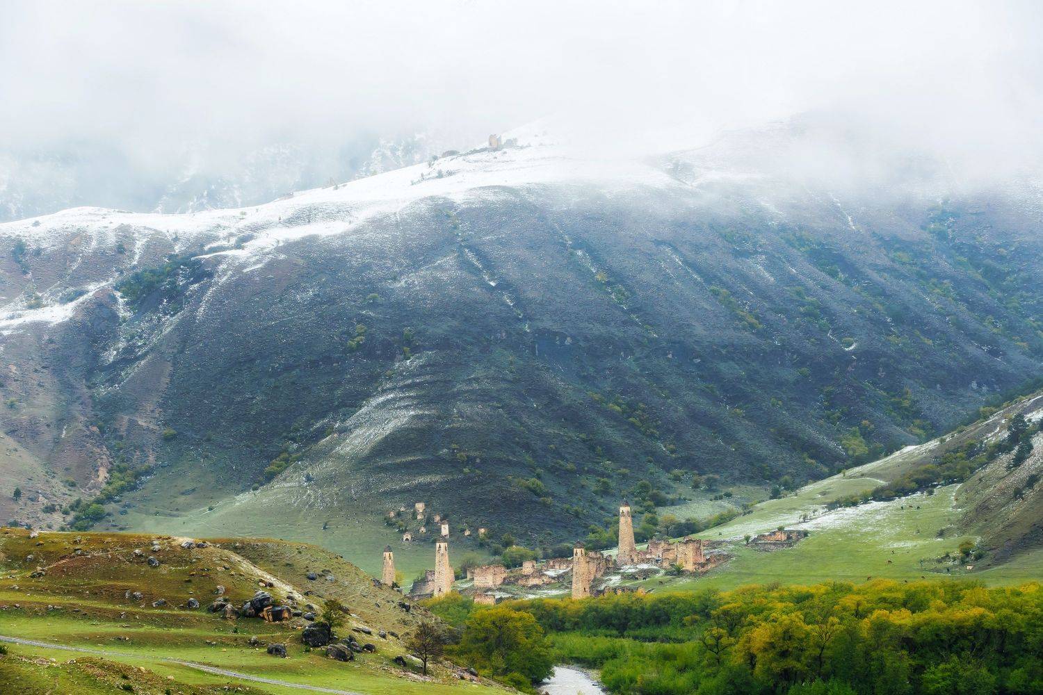 пейзаж, зима, горы, башни, снег, Евгений Шивцов