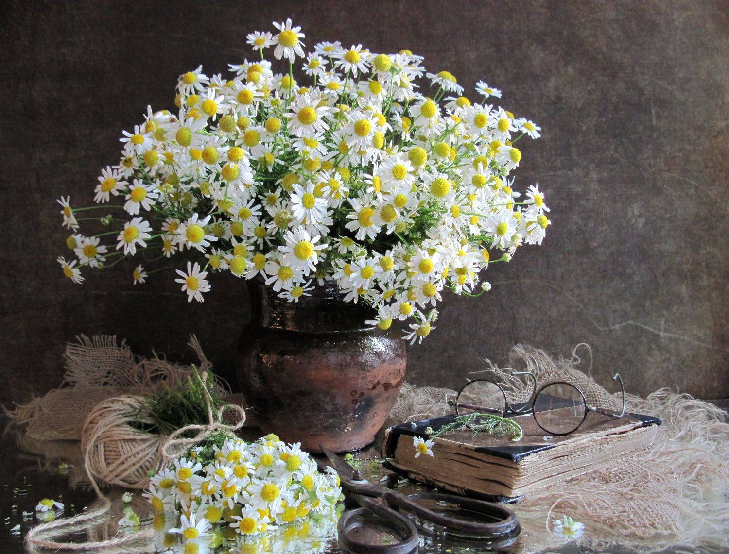 цветы, букет, ромашки, книга, очки, ножницы, шпагат, мешковина, винтаж, Наталия Тихомирова