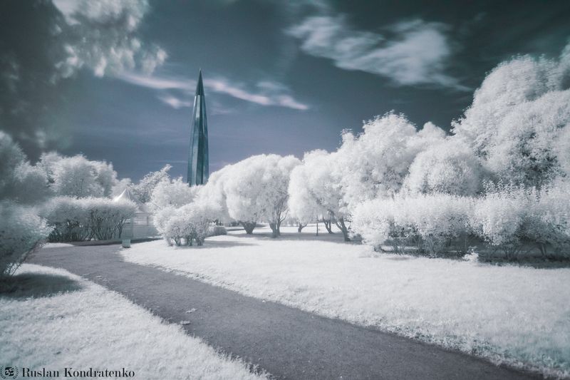 санкт-петербург, ик, инфракрасная фотография, город, городской пейзаж, лахта, лахта-центр, лахта центр Парк 300-летия Санкт-Петербурга в ИК диапазоне фото превью