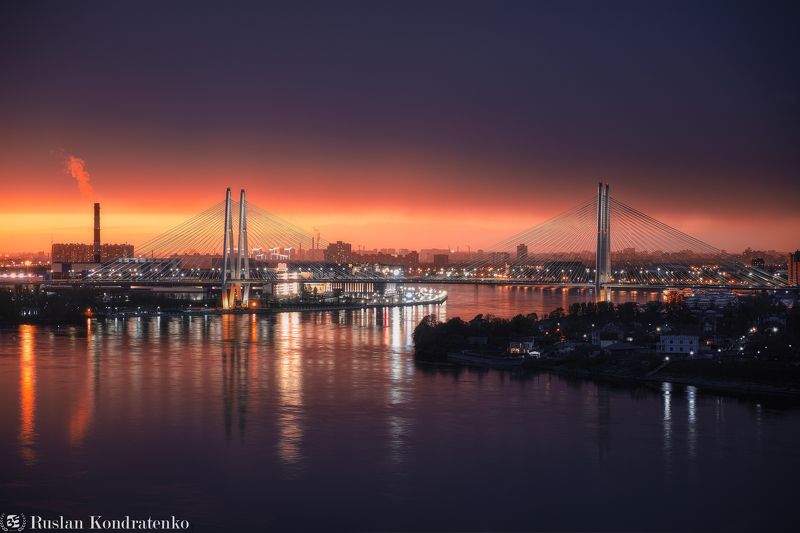 санкт-петербург, мост, вантовый мост, композитная фотография, time blending, нева, река, закат Большой Обуховской мост фото превью