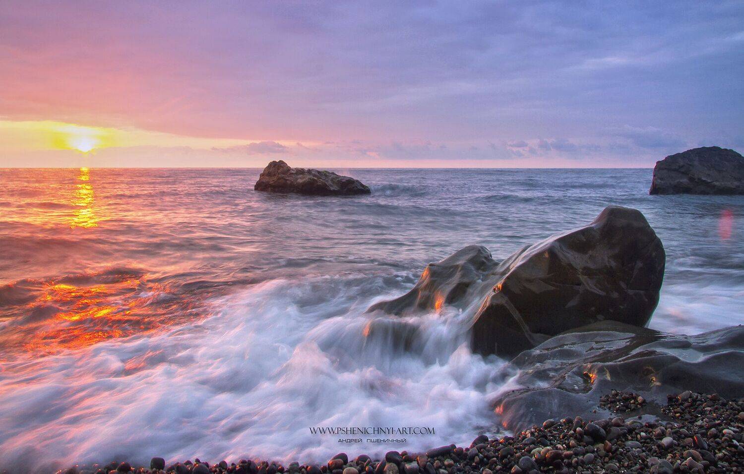закат, небо, море, волны, камни, облака, пейзаж, горизонт, лето, Пшеничный Андрей